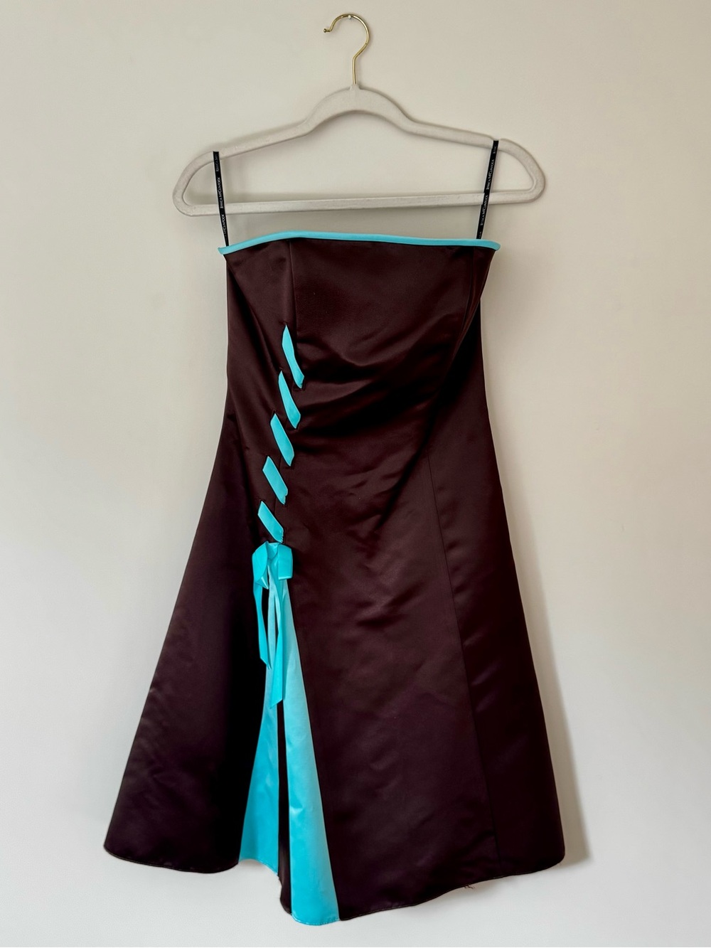Jessica McClintock Gunne Sax Y2K Strapless Satin Prom Dress, Brown / Blue – 7/8